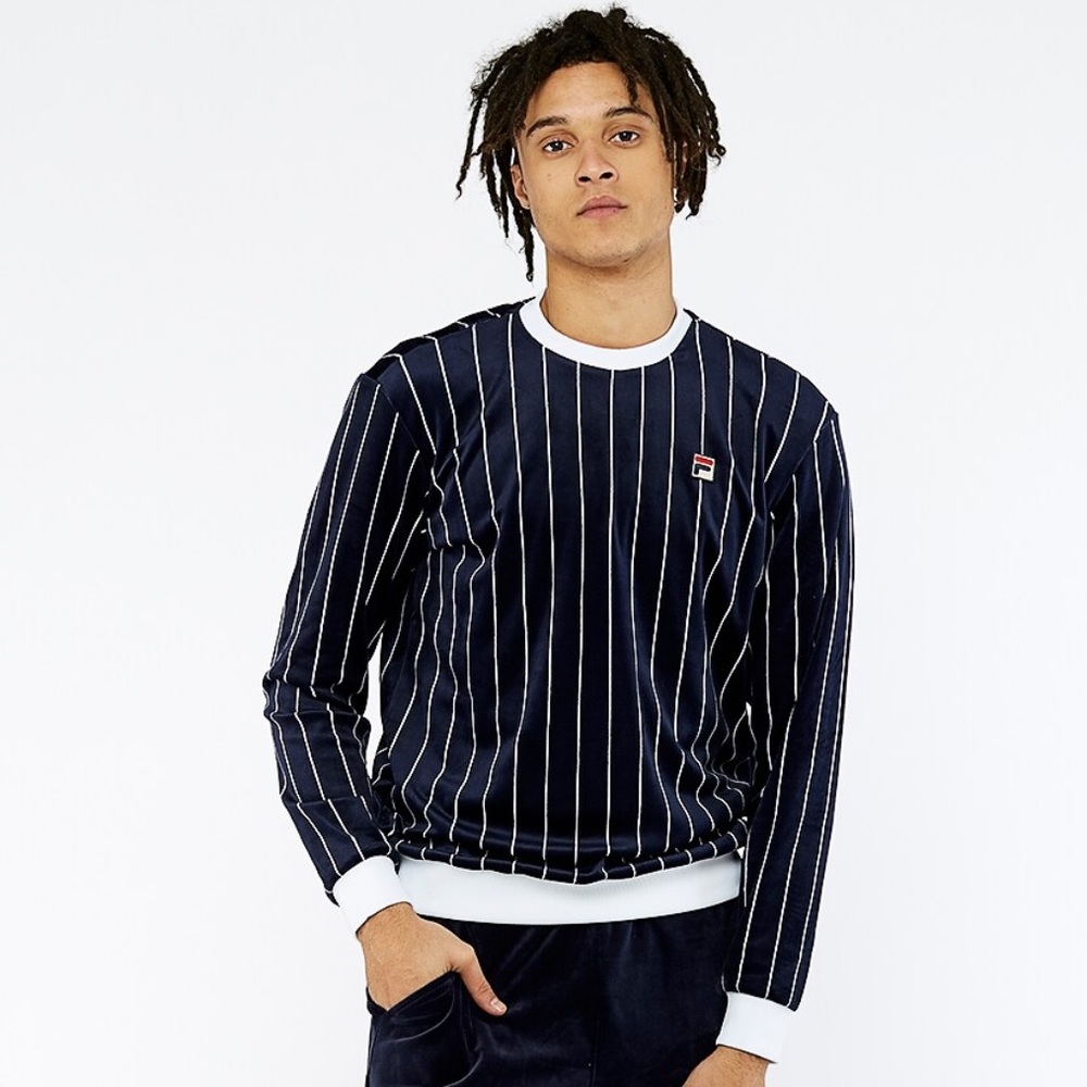 FILA Valencia Black Velour Striped Crew Sweatshirt Size XXL